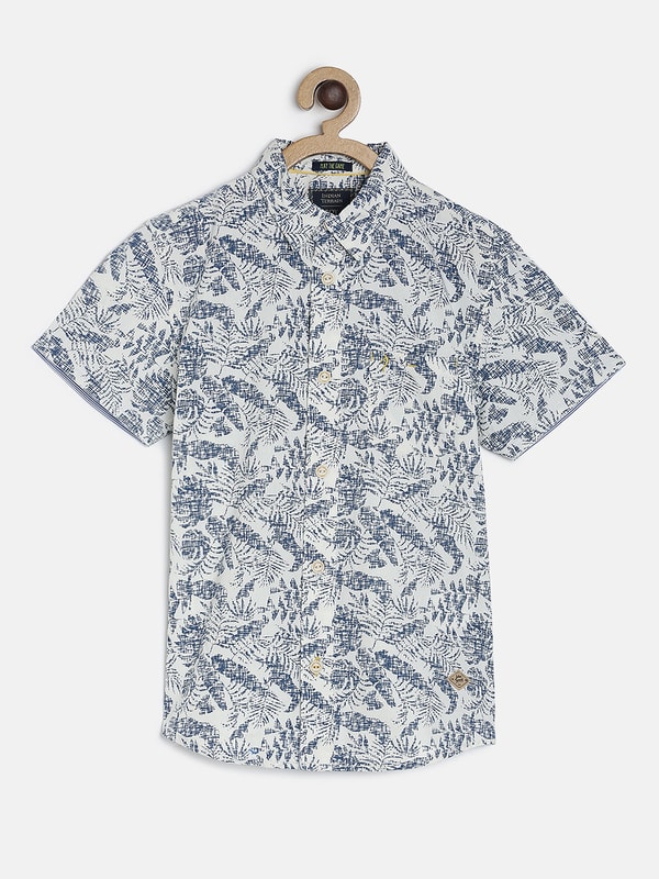 Boys Ecru Printed Regular Fit Shirt